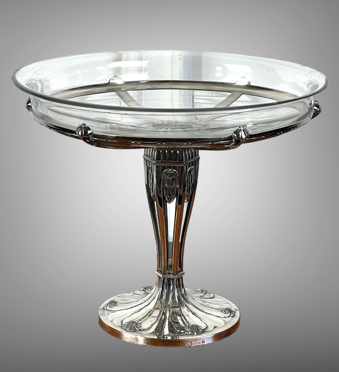 Coupe Sur Pied Art Deco En Metal Argenté Et Coupe En Cristal De Baccarat-photo-3