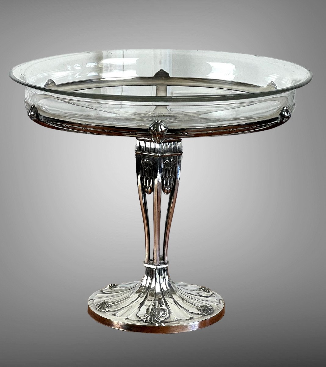 Coupe Sur Pied Art Deco En Metal Argenté Et Coupe En Cristal De Baccarat-photo-4