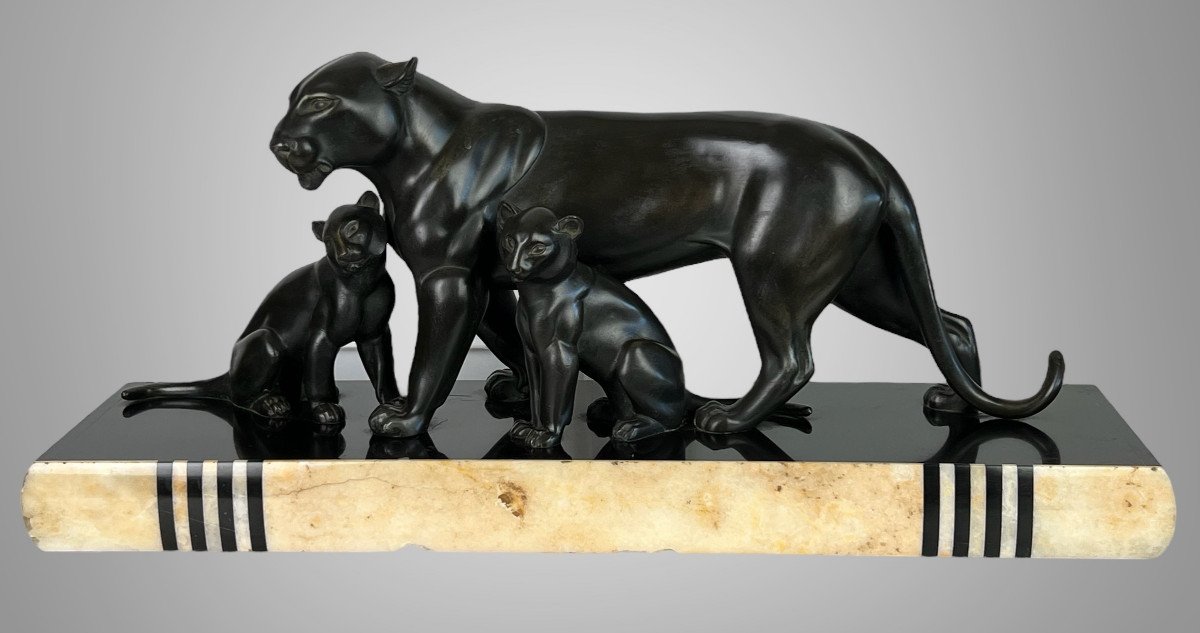 Panthere And Its Small "attributed Irenée Rochard" In Patinated Spelter On Onyx Base-photo-2