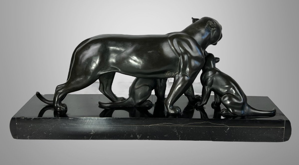 Panthere And Its Small "attributed Irenée Rochard" In Patinated Spelter On Onyx Base-photo-5
