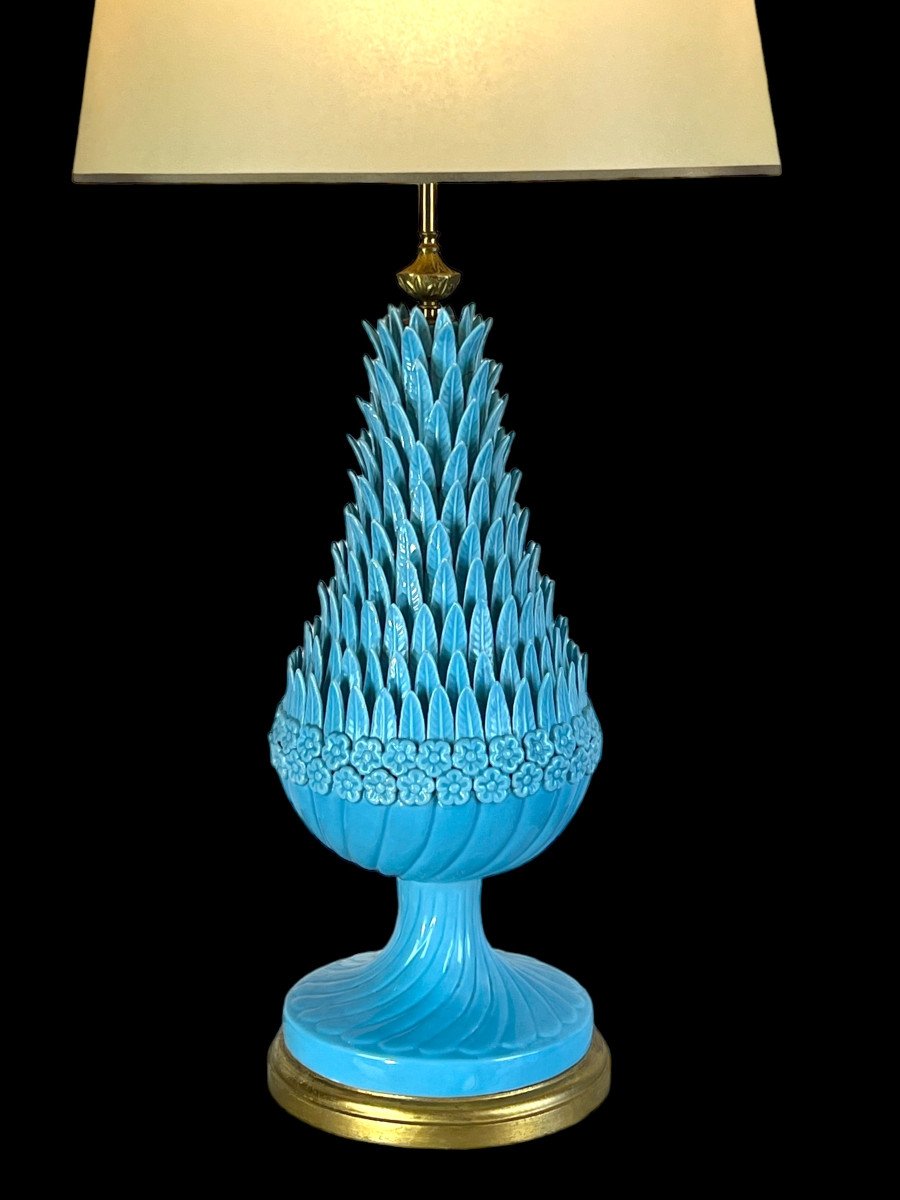 1.05 M Pineapple Lamp In Turquoise Ceramic On Golden Wooden Base 1950s-photo-3