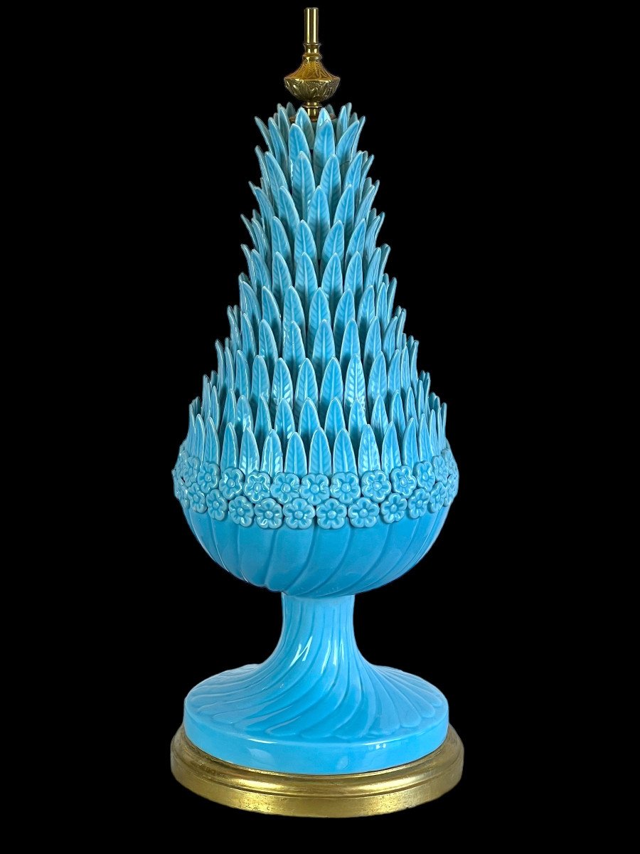 1.05 M Pineapple Lamp In Turquoise Ceramic On Golden Wooden Base 1950s-photo-4