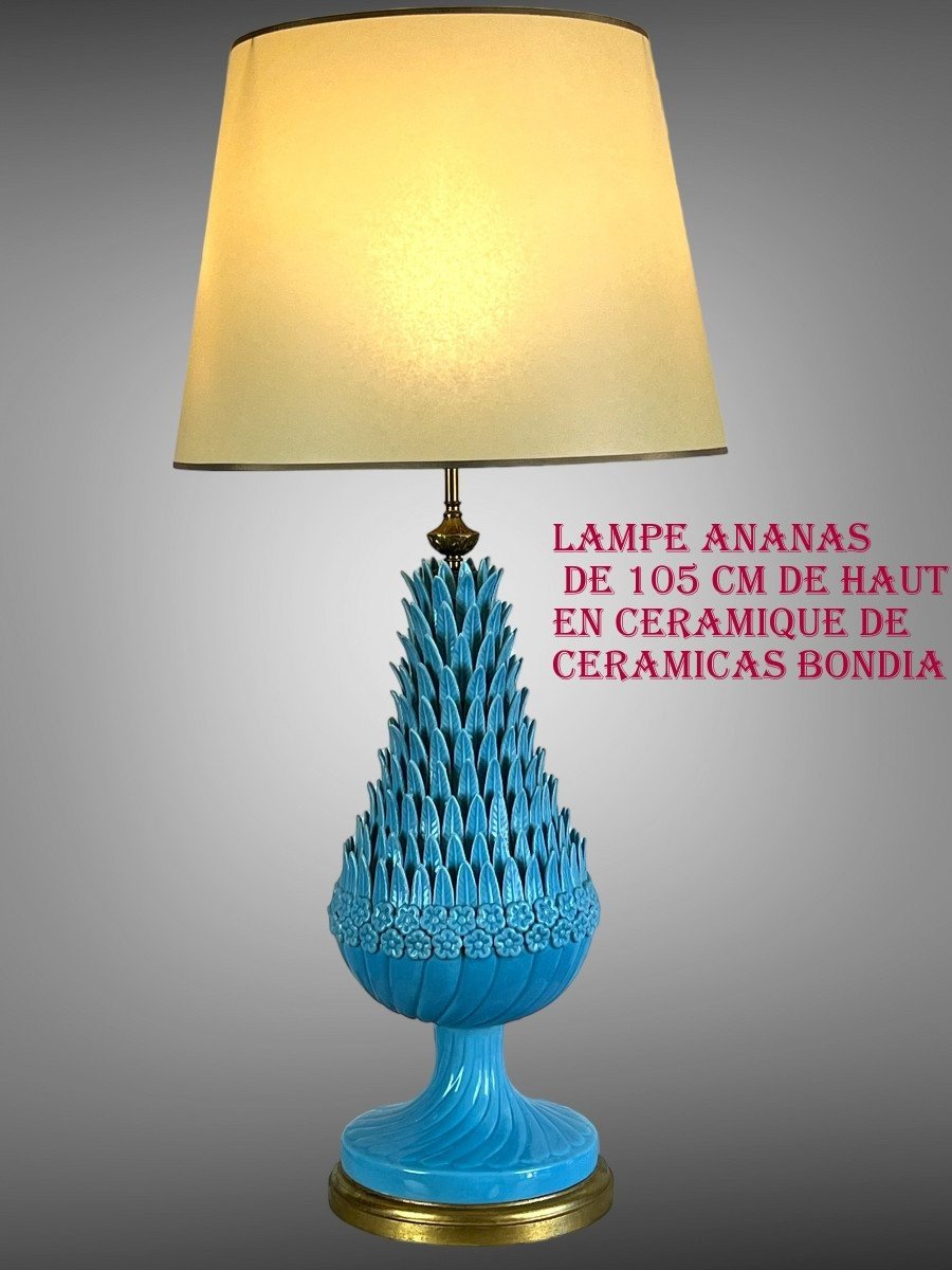1.05 M Pineapple Lamp In Turquoise Ceramic On Golden Wooden Base 1950s-photo-2