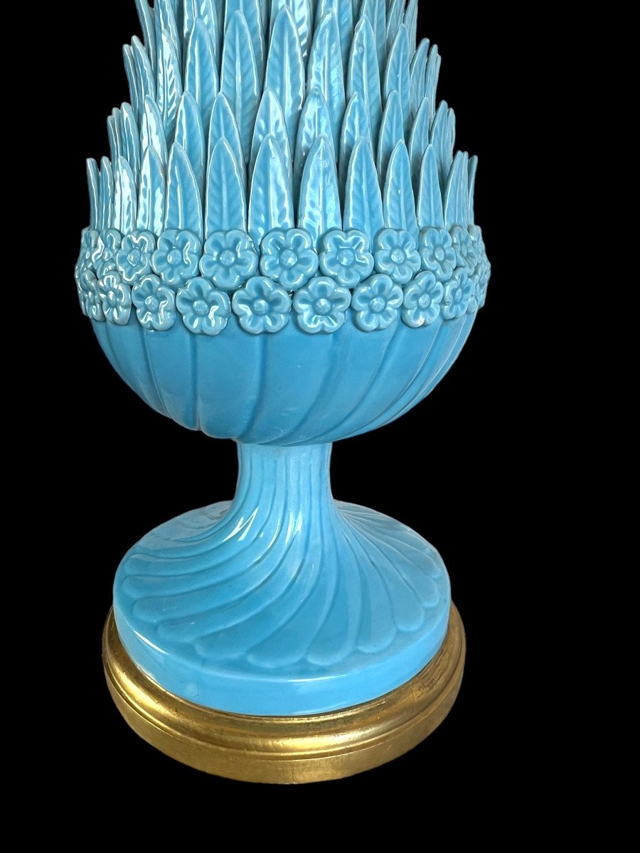 1.05 M Pineapple Lamp In Turquoise Ceramic On Golden Wooden Base 1950s-photo-1