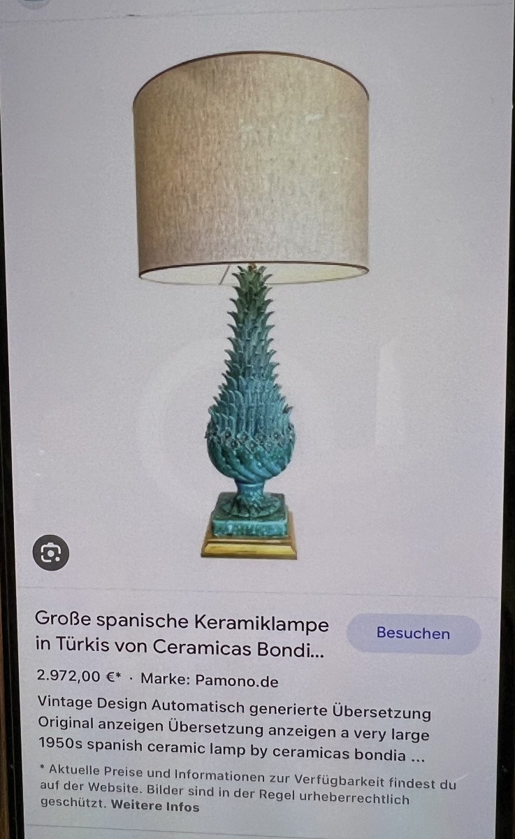1.05 M Pineapple Lamp In Turquoise Ceramic On Golden Wooden Base 1950s-photo-3