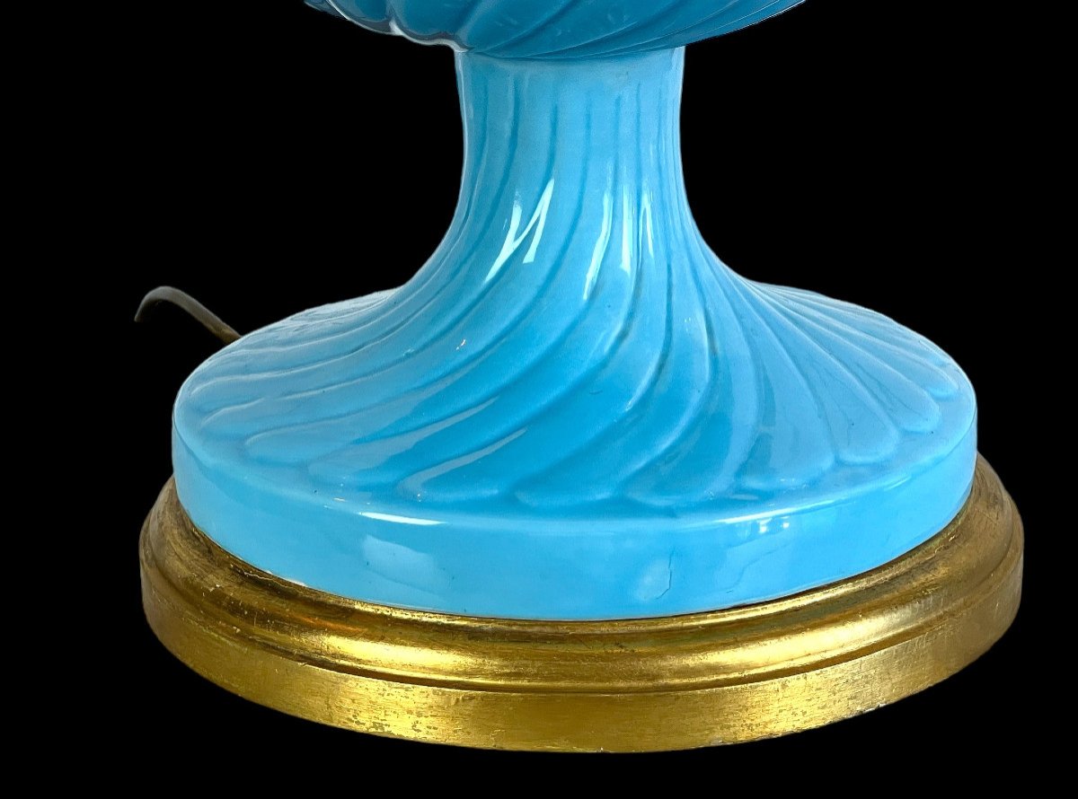 1.05 M Pineapple Lamp In Turquoise Ceramic On Golden Wooden Base 1950s-photo-5