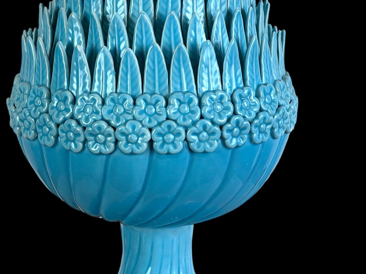 1.05 M Pineapple Lamp In Turquoise Ceramic On Golden Wooden Base 1950s-photo-7