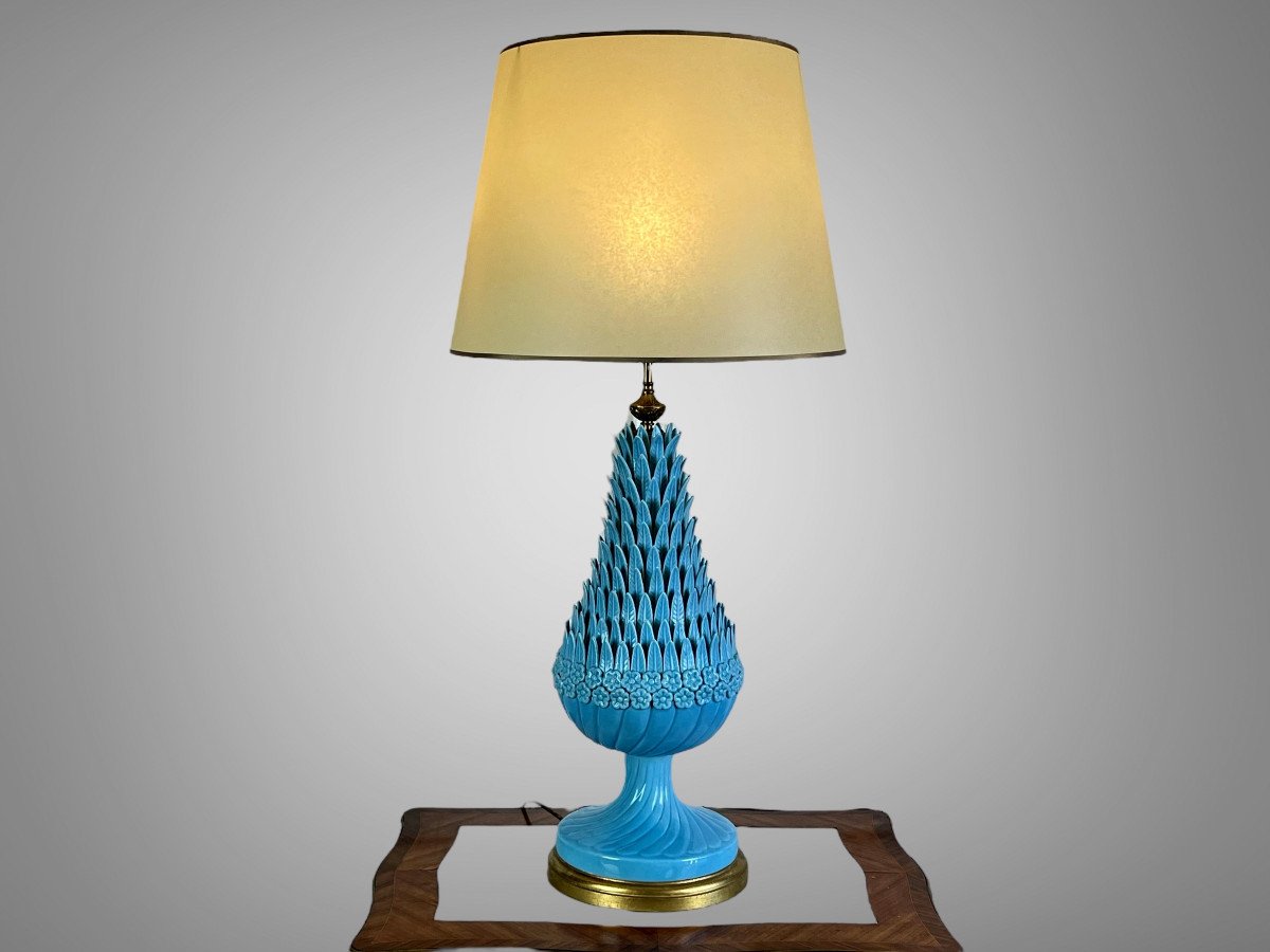1.05 M Pineapple Lamp In Turquoise Ceramic On Golden Wooden Base 1950s-photo-8