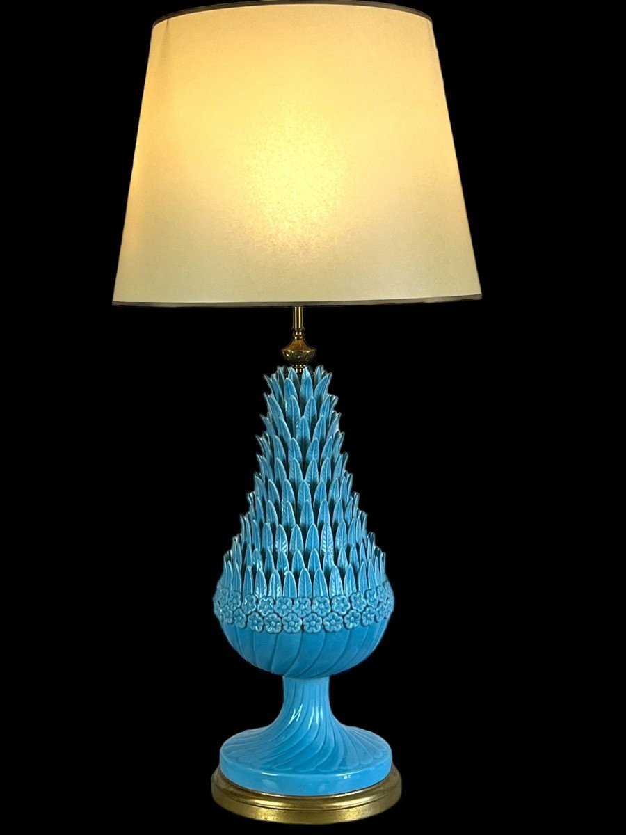 1.05 M Pineapple Lamp In Turquoise Ceramic On Golden Wooden Base 1950s