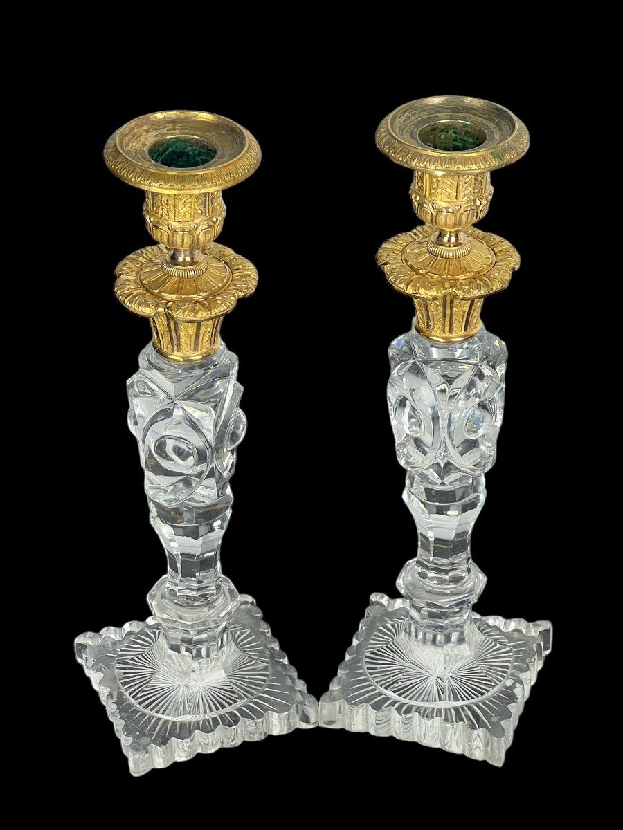 Pair Of 19th Century Restoration Period Candlesticks In Crystal And Gilt Bronze, 26 Cm-photo-2