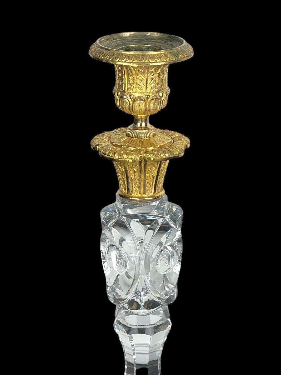 Pair Of 19th Century Restoration Period Candlesticks In Crystal And Gilt Bronze, 26 Cm-photo-3