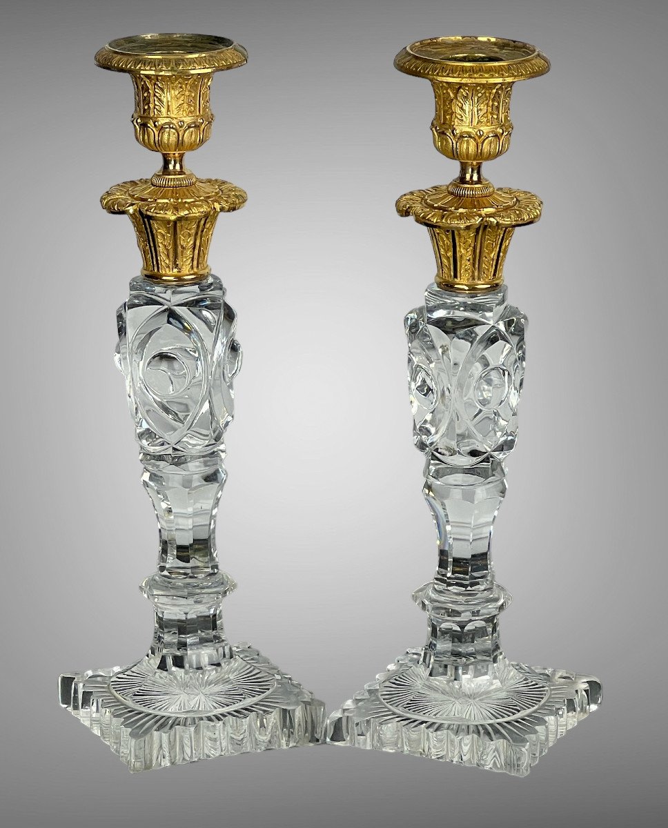 Pair Of 19th Century Restoration Period Candlesticks In Crystal And Gilt Bronze, 26 Cm-photo-4