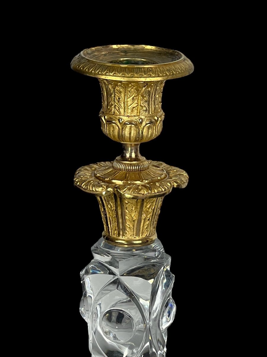 Pair Of 19th Century Restoration Period Candlesticks In Crystal And Gilt Bronze, 26 Cm-photo-2