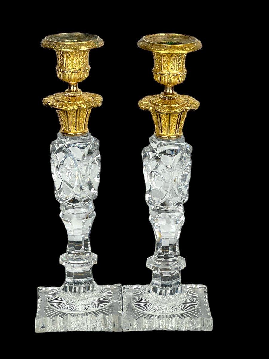 Pair Of 19th Century Restoration Period Candlesticks In Crystal And Gilt Bronze, 26 Cm-photo-3