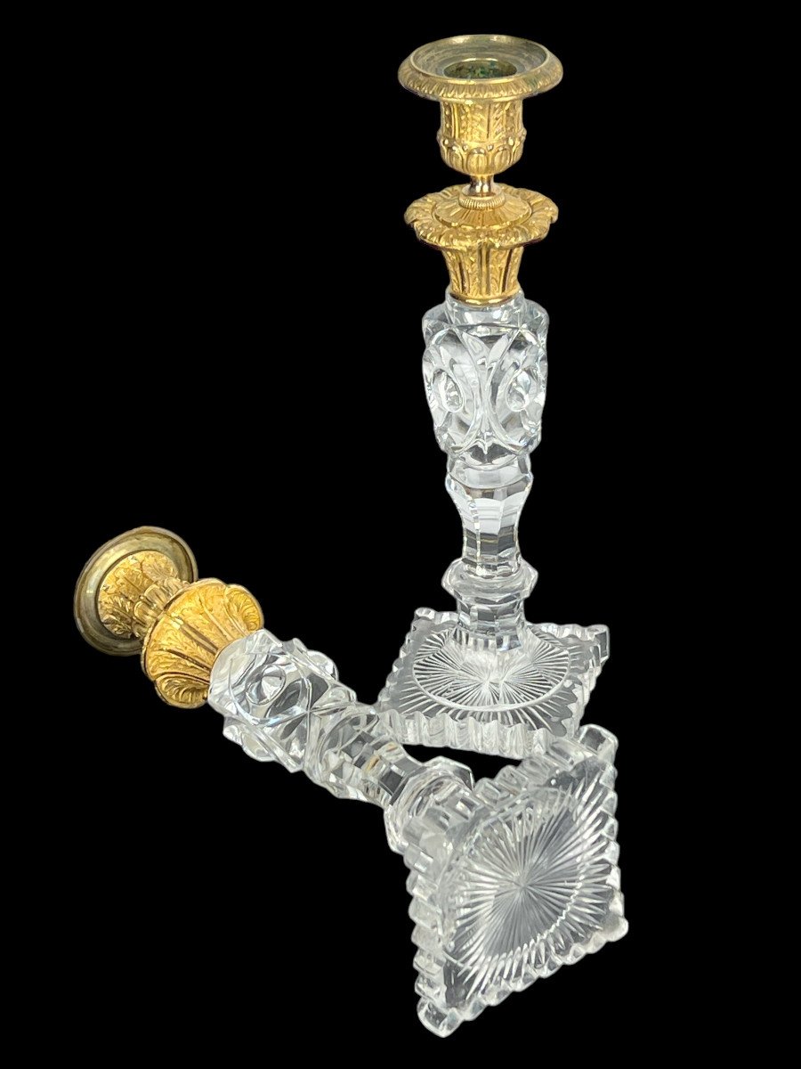 Pair Of 19th Century Restoration Period Candlesticks In Crystal And Gilt Bronze, 26 Cm-photo-4
