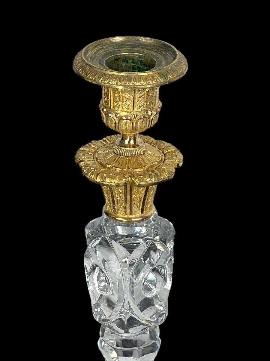 Pair Of 19th Century Restoration Period Candlesticks In Crystal And Gilt Bronze, 26 Cm-photo-5