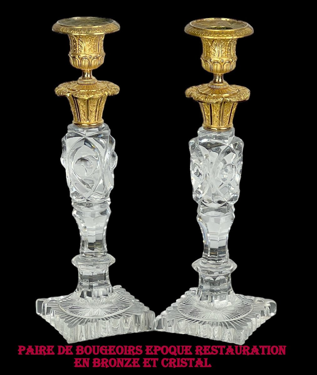 Pair Of 19th Century Restoration Period Candlesticks In Crystal And Gilt Bronze, 26 Cm