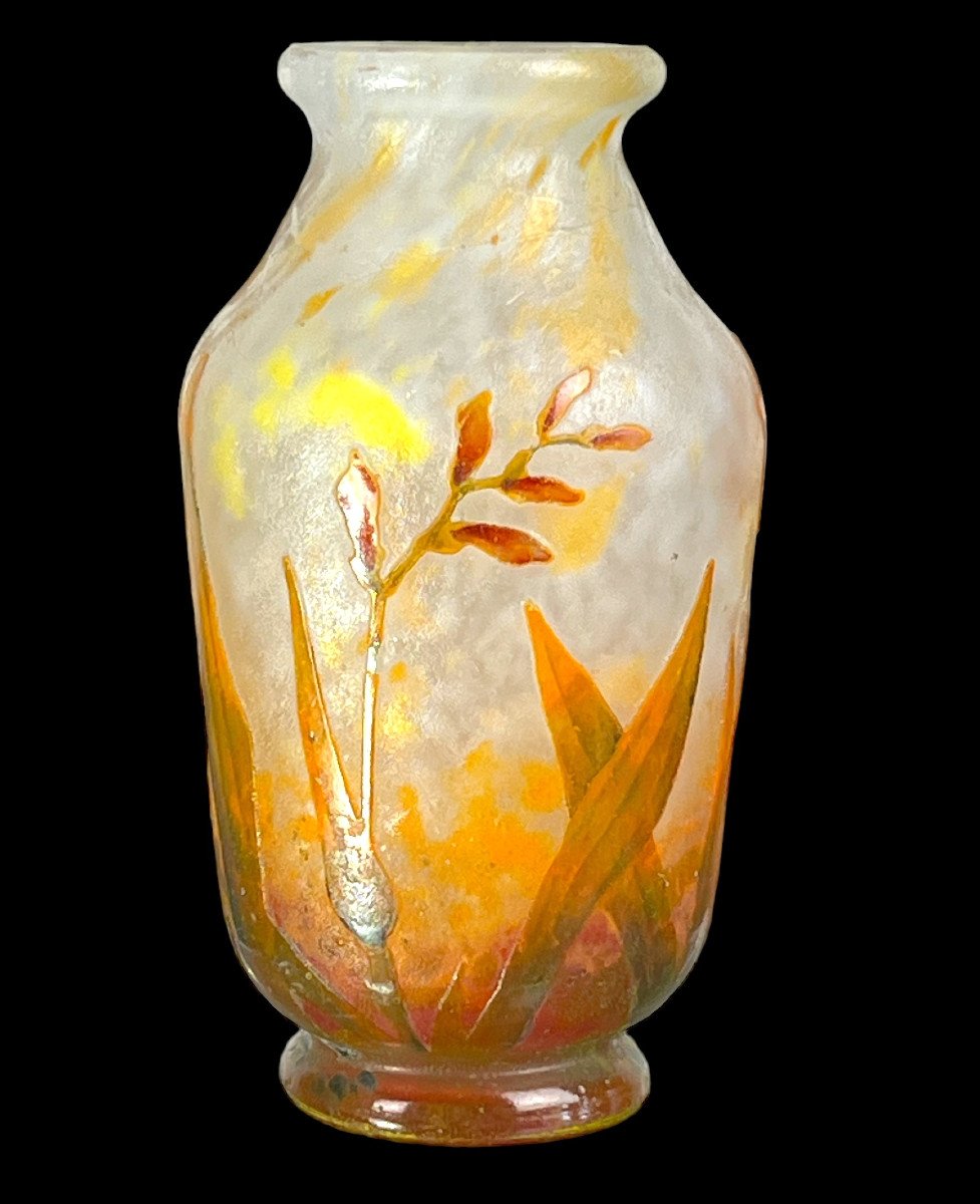 Vase De " Daum Nancy " En Verre Camée Gravé A l'Acide Decor " Fleurs De Freesia-photo-2