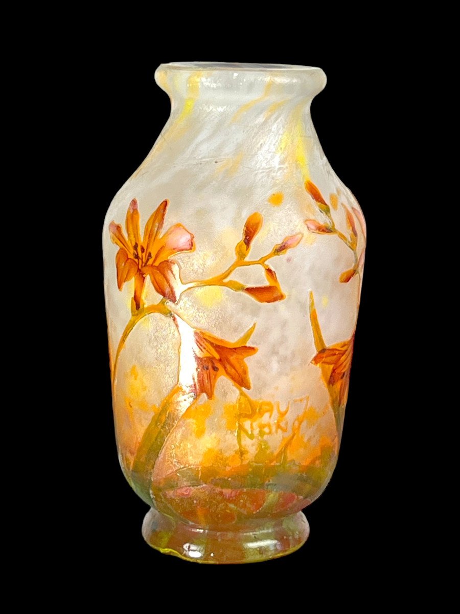 Vase De " Daum Nancy " En Verre Camée Gravé A l'Acide Decor " Fleurs De Freesia-photo-3