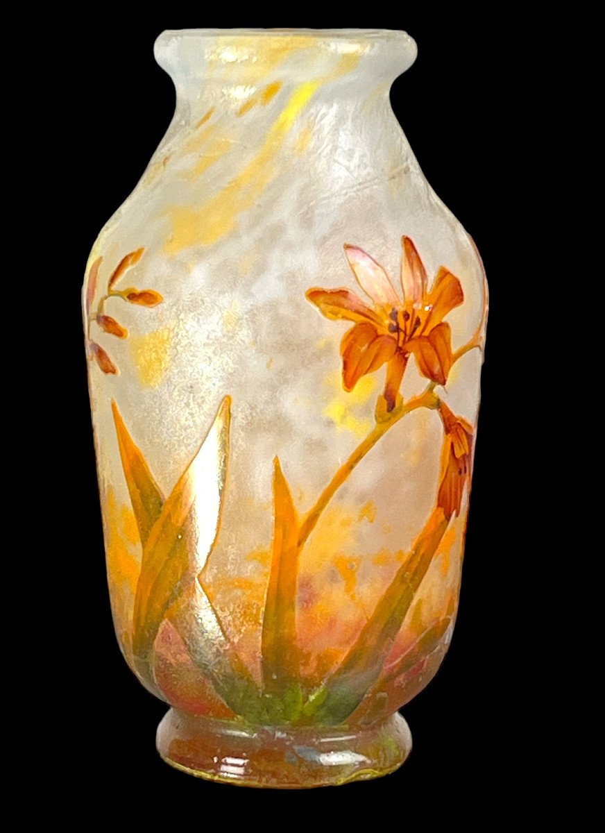 Vase De " Daum Nancy " En Verre Camée Gravé A l'Acide Decor " Fleurs De Freesia-photo-5