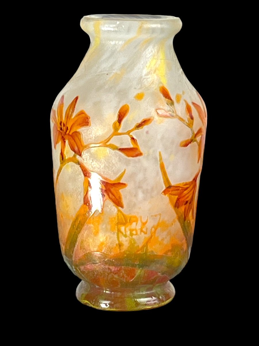 Vase De " Daum Nancy " En Verre Camée Gravé A l'Acide Decor " Fleurs De Freesia