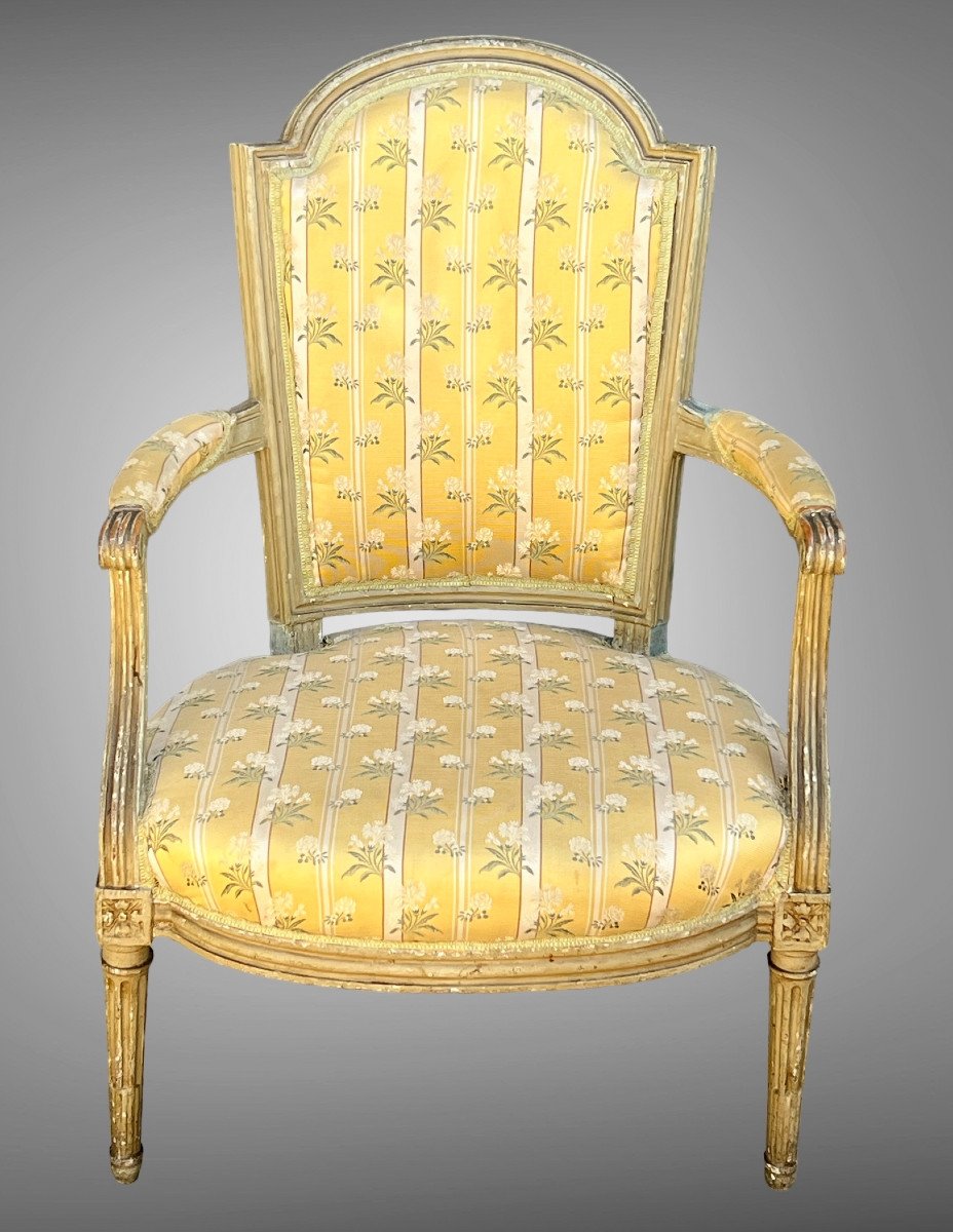 Louis XVI Cabriolet Armchair 18th Century In Lacquered Wood With Beautiful Tapestry