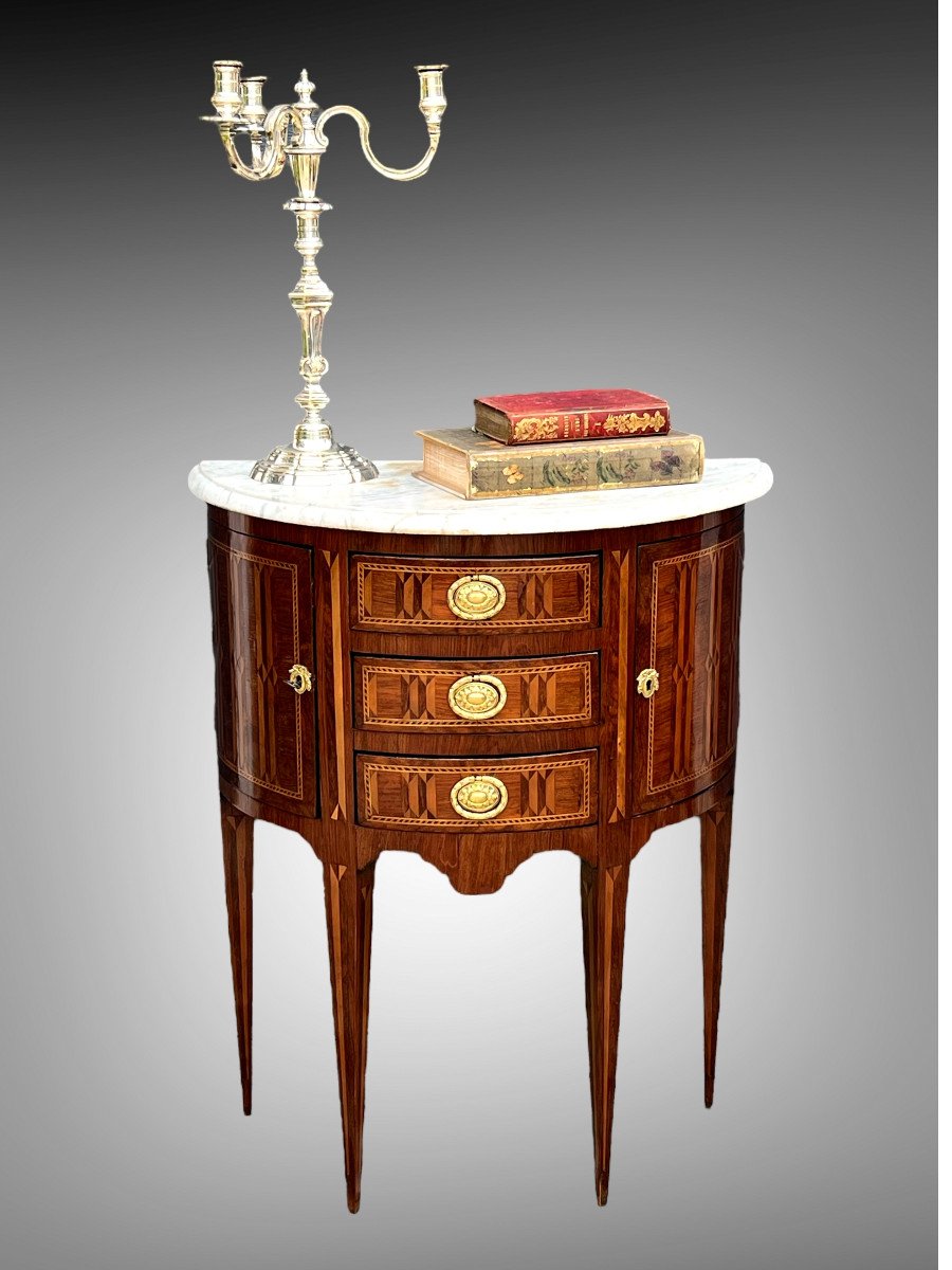 Half Moon Commode From The 18th Louis XVI Period In Marquetry With Marble Top-photo-3
