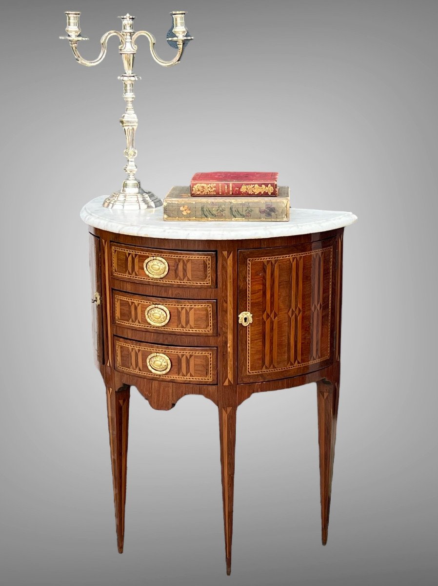 Half Moon Commode From The 18th Louis XVI Period In Marquetry With Marble Top-photo-4