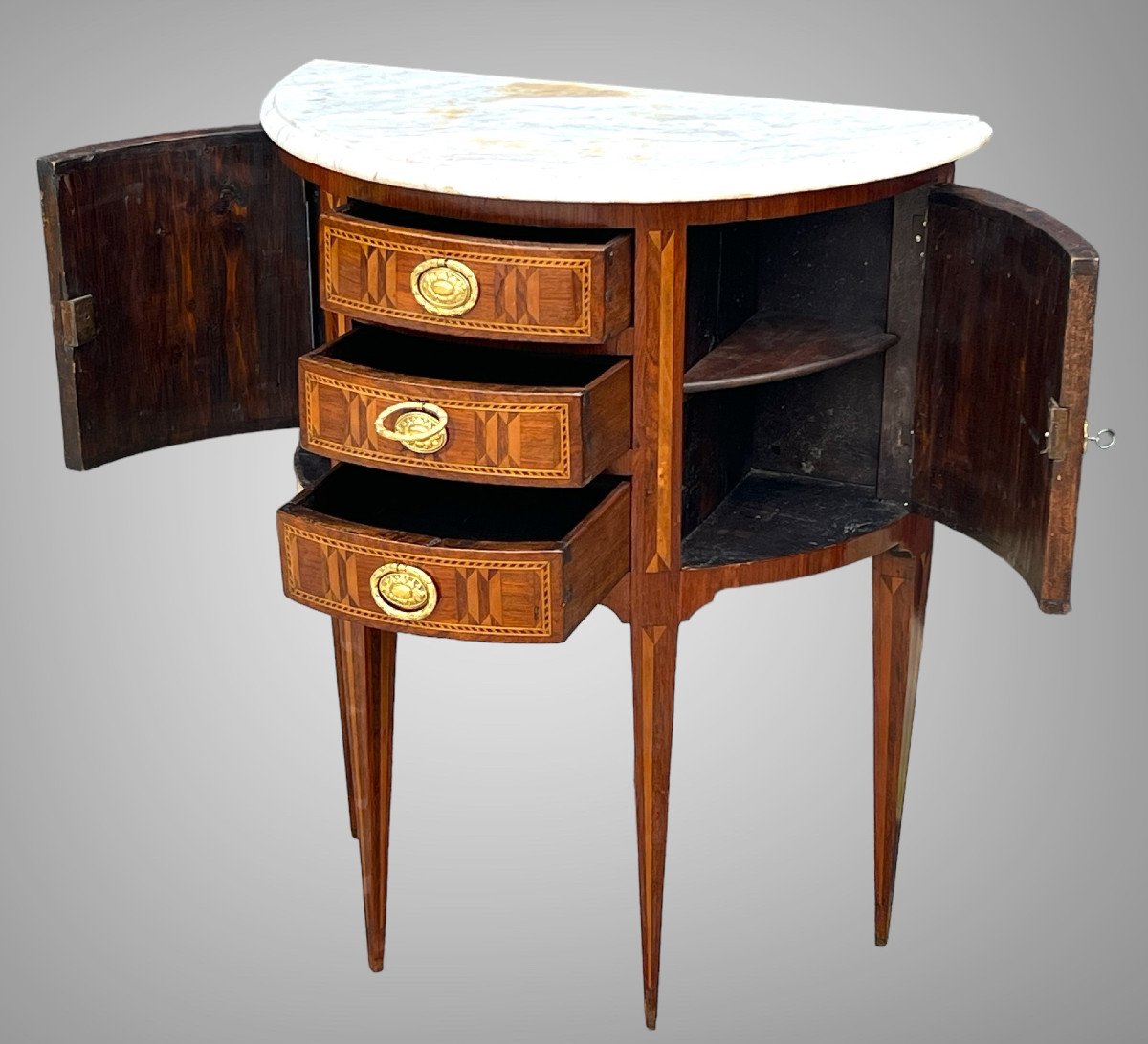 Half Moon Commode From The 18th Louis XVI Period In Marquetry With Marble Top-photo-2
