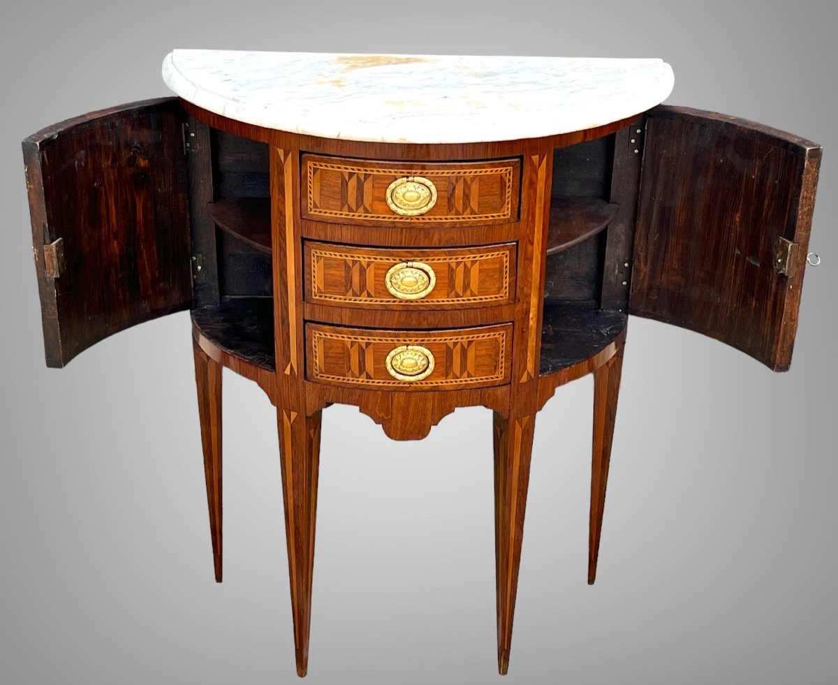 Half Moon Commode From The 18th Louis XVI Period In Marquetry With Marble Top-photo-4