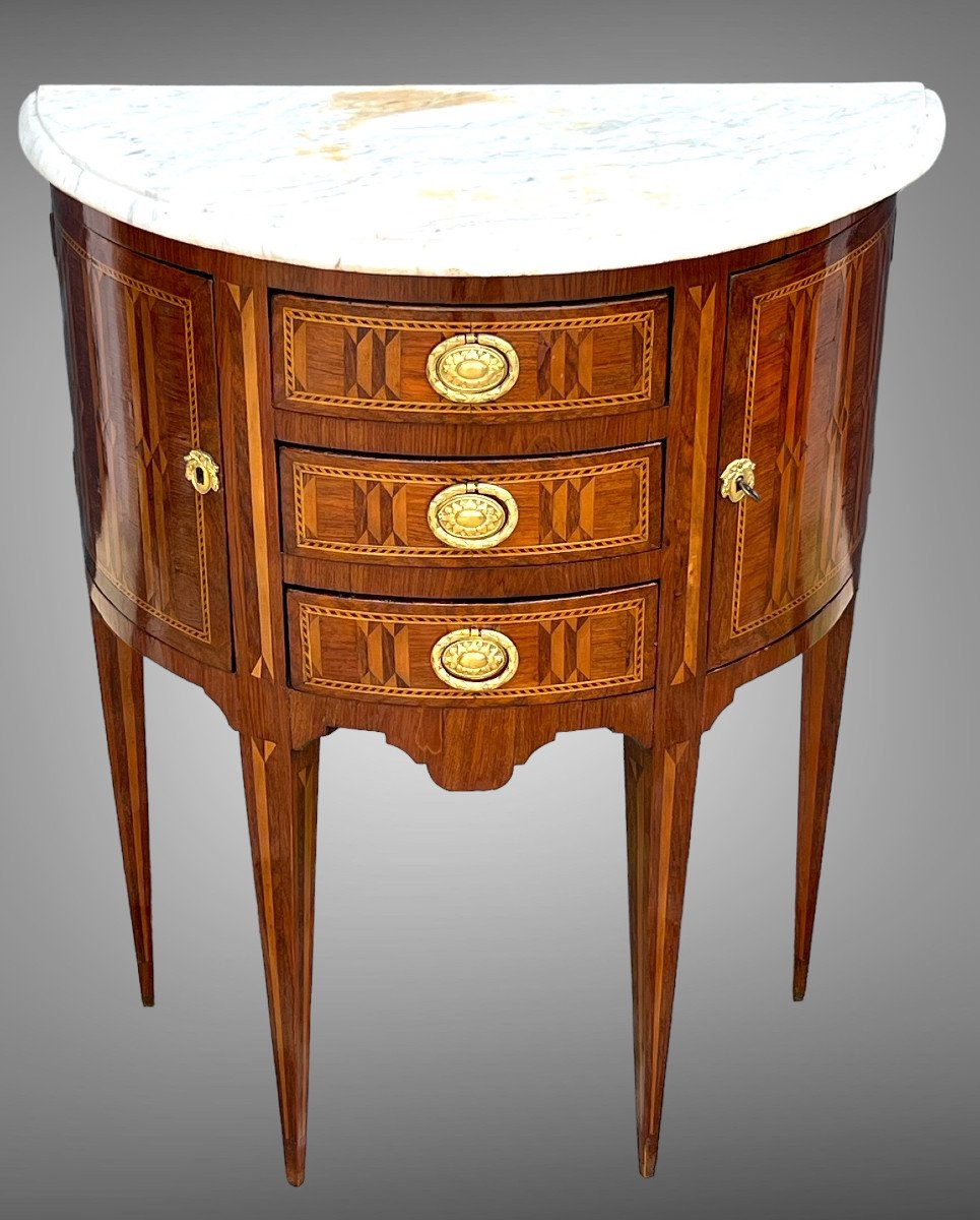 Half Moon Commode From The 18th Louis XVI Period In Marquetry With Marble Top-photo-5