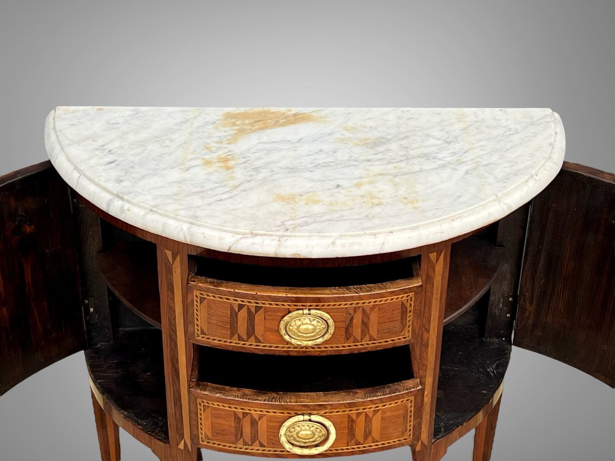 Half Moon Commode From The 18th Louis XVI Period In Marquetry With Marble Top-photo-6