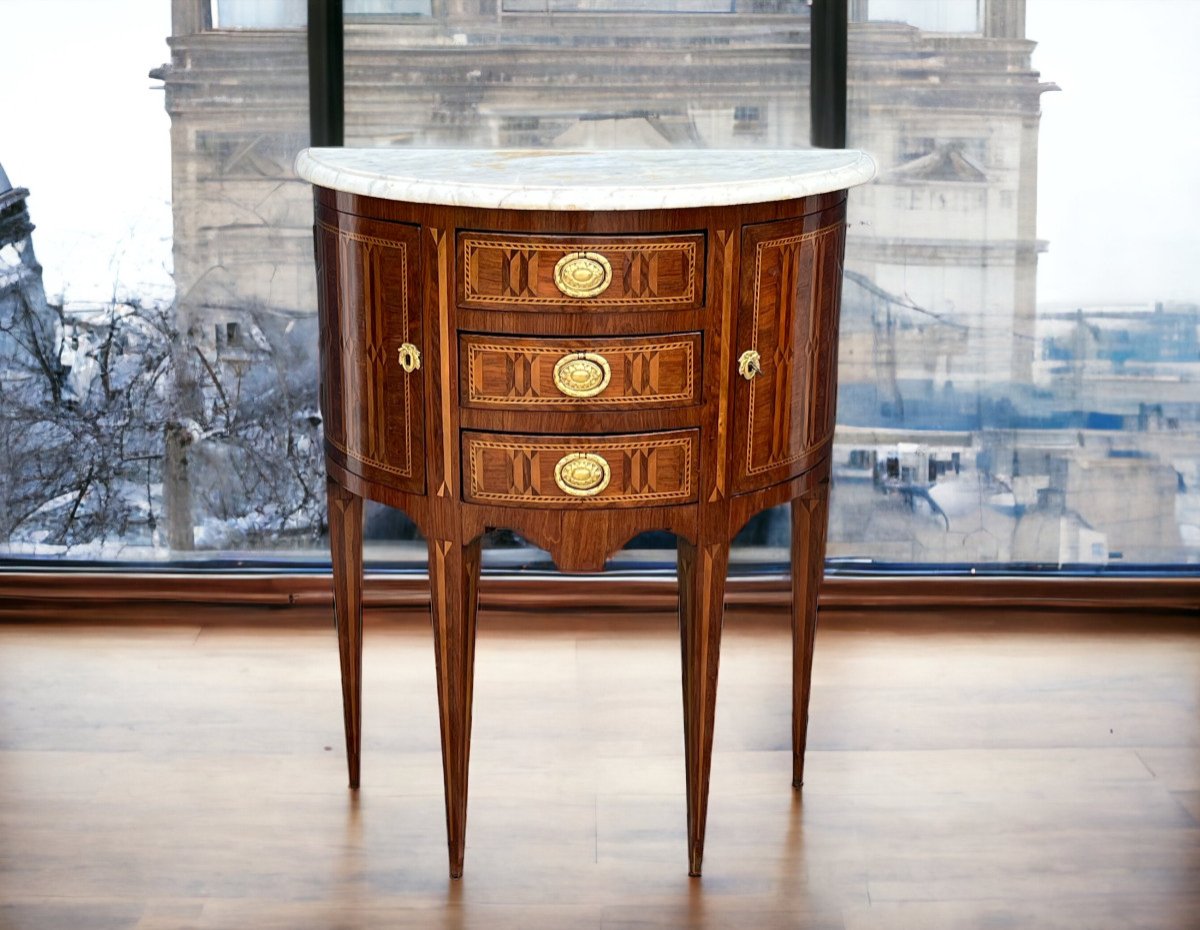 Half Moon Commode From The 18th Louis XVI Period In Marquetry With Marble Top
