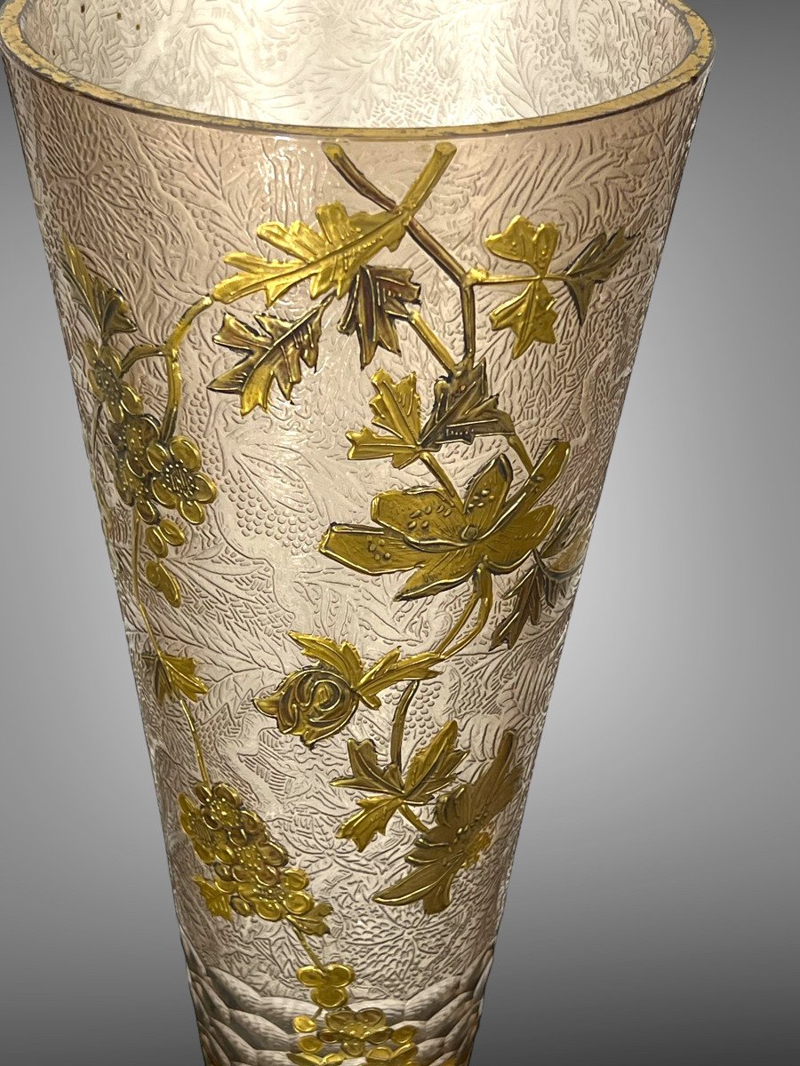 Large Antique Cornet Vase In Enameled Glass By Theodore Legras Art Nouveau Period-photo-1
