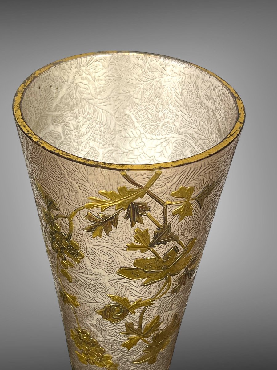 Large Antique Cornet Vase In Enameled Glass By Theodore Legras Art Nouveau Period-photo-3