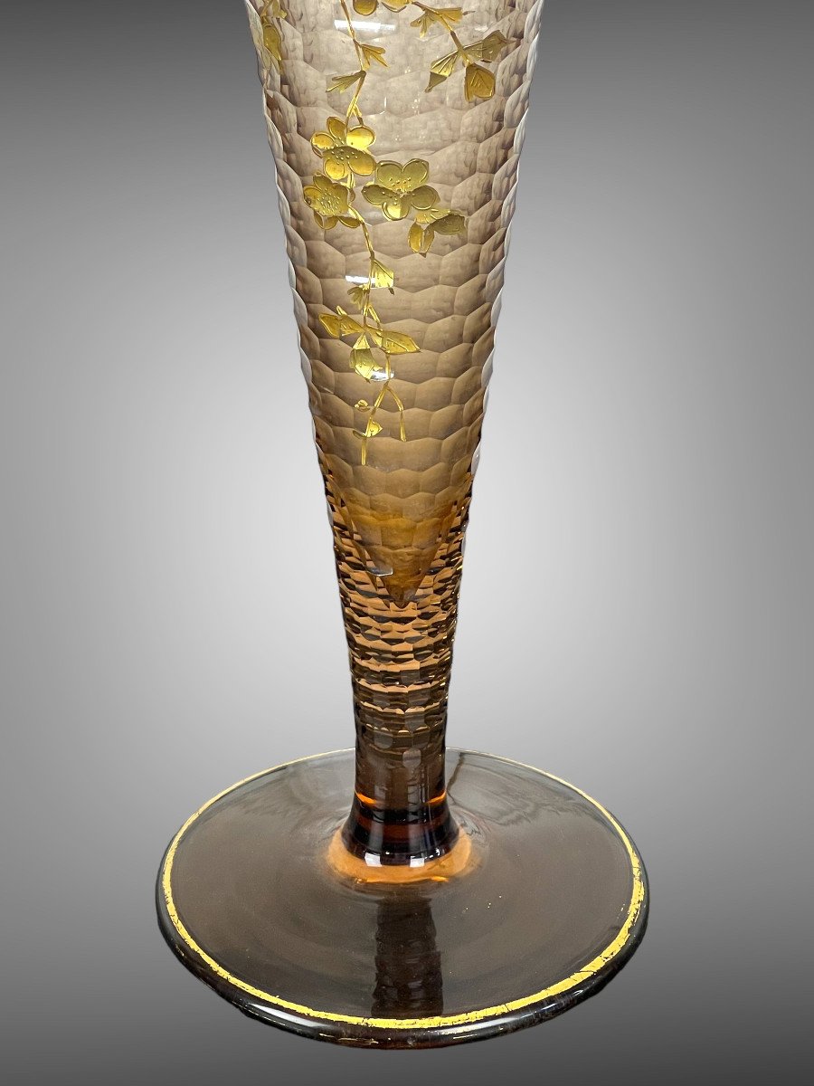 Large Antique Cornet Vase In Enameled Glass By Theodore Legras Art Nouveau Period-photo-4
