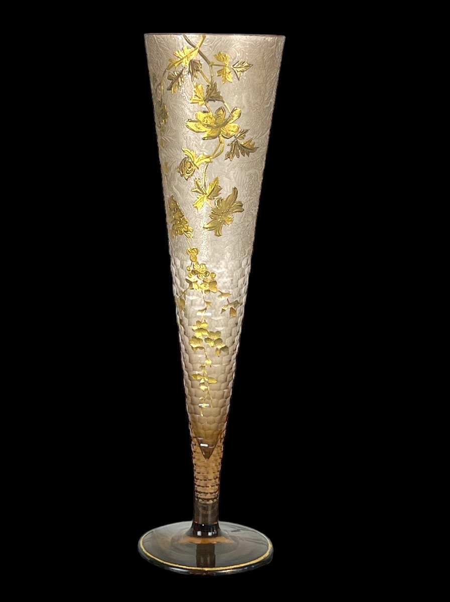 Large Antique Cornet Vase In Enameled Glass By Theodore Legras Art Nouveau Period
