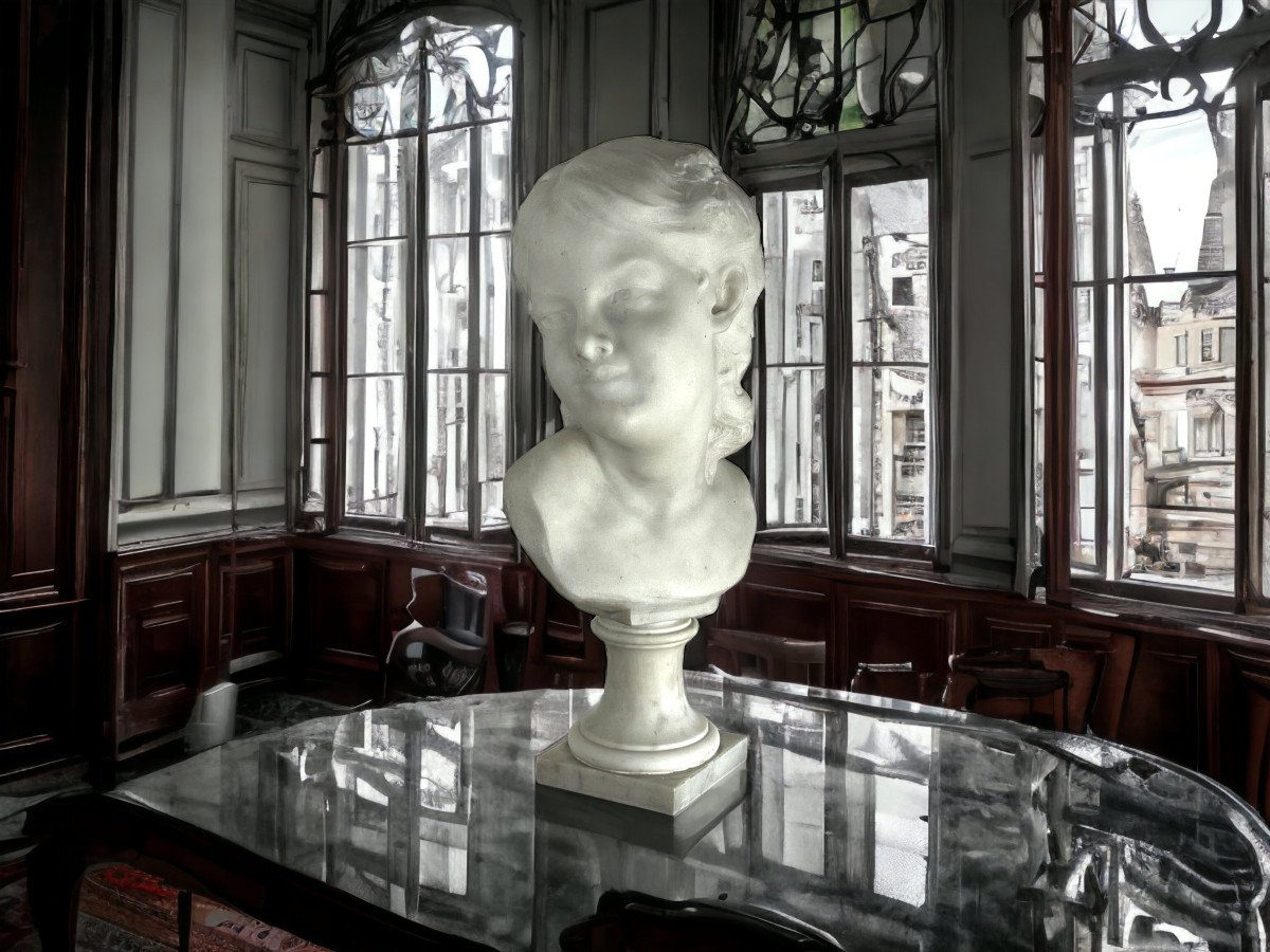 Bust In White Carrara Marble Signed L.varo Representing A Child's Head-photo-2