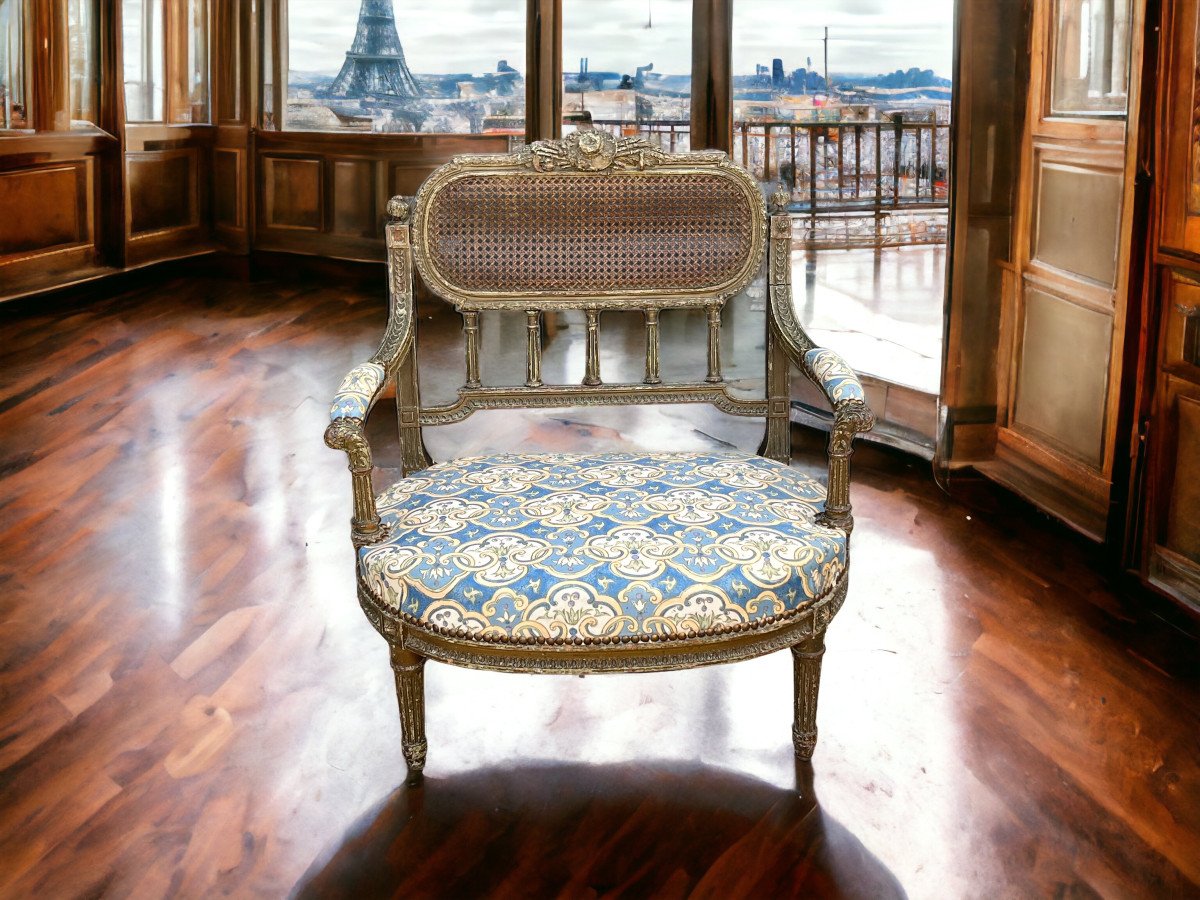 Fauteuil " Dit Marquise " De Style Louis XVI En Bois Patiné Et Sculpté Du XIXe-photo-2