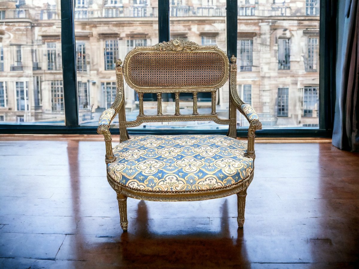 Fauteuil " Dit Marquise " De Style Louis XVI En Bois Patiné Et Sculpté Du XIXe-photo-3