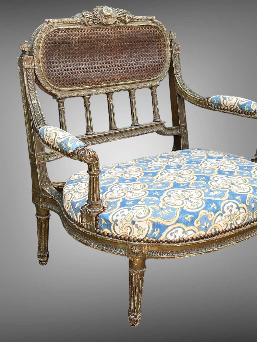 Fauteuil " Dit Marquise " De Style Louis XVI En Bois Patiné Et Sculpté Du XIXe-photo-4