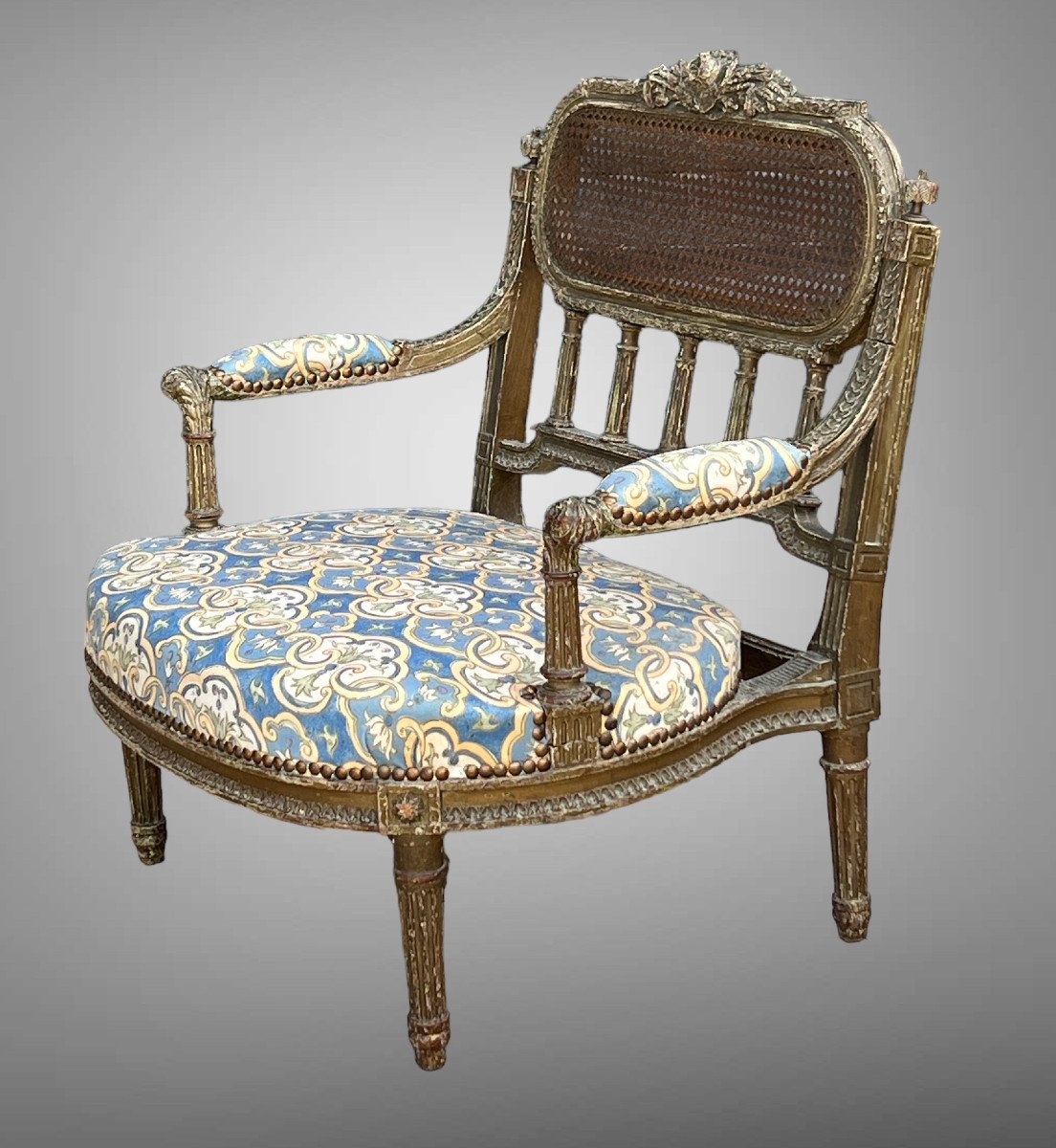 Fauteuil " Dit Marquise " De Style Louis XVI En Bois Patiné Et Sculpté Du XIXe-photo-3