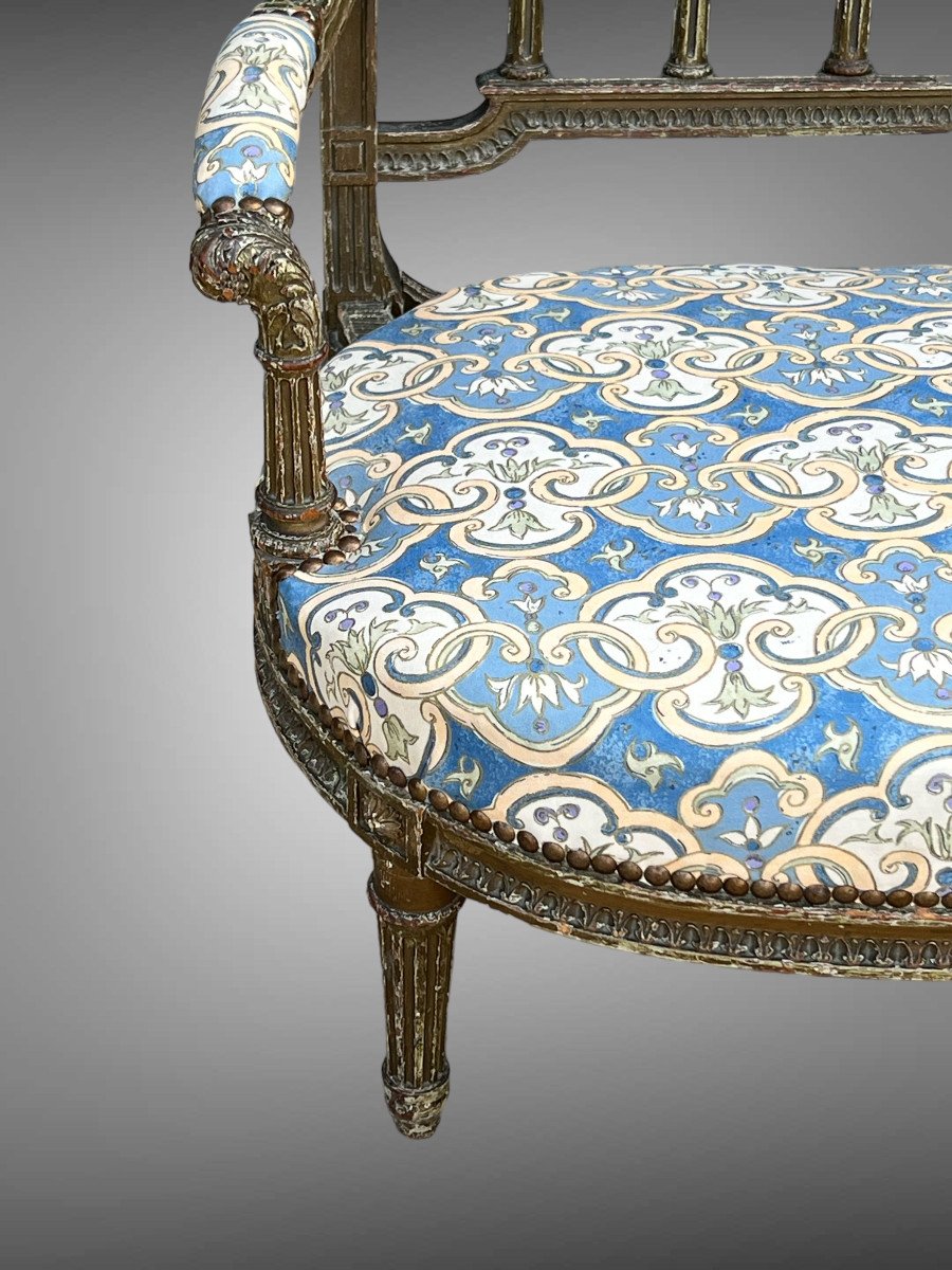 Fauteuil " Dit Marquise " De Style Louis XVI En Bois Patiné Et Sculpté Du XIXe-photo-6