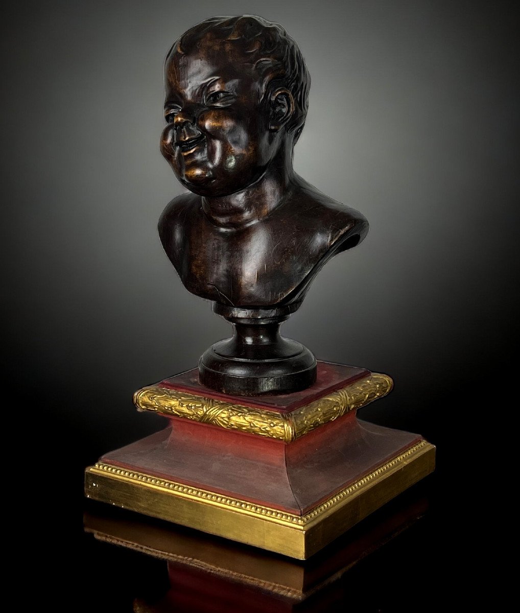 Sculpture / Bust Of Putti (laughing Angel) In Carved Wood From The 19th Century 40 Cm High-photo-2