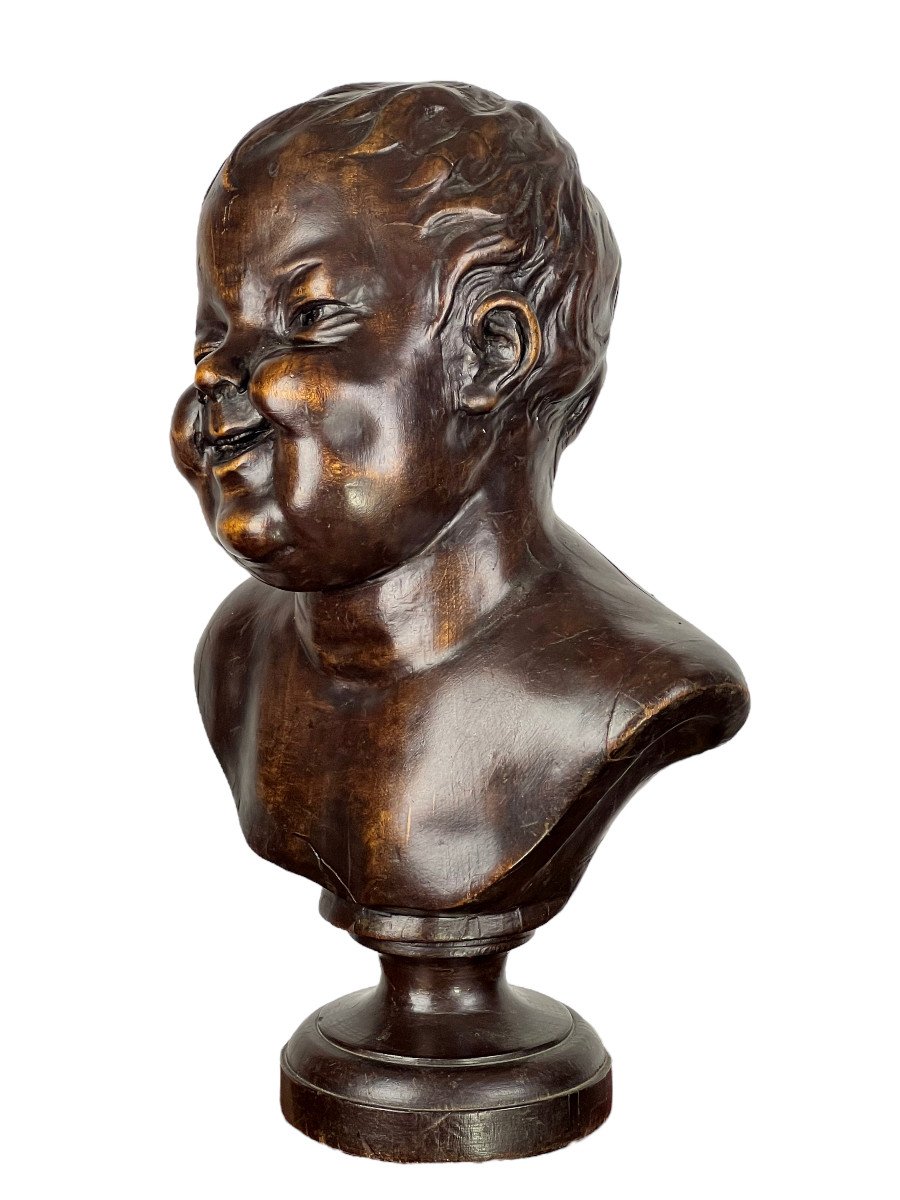 Sculpture / Bust Of Putti (laughing Angel) In Carved Wood From The 19th Century 40 Cm High-photo-4