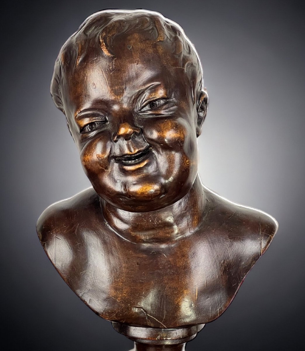 Sculpture / Bust Of Putti (laughing Angel) In Carved Wood From The 19th Century 40 Cm High-photo-6