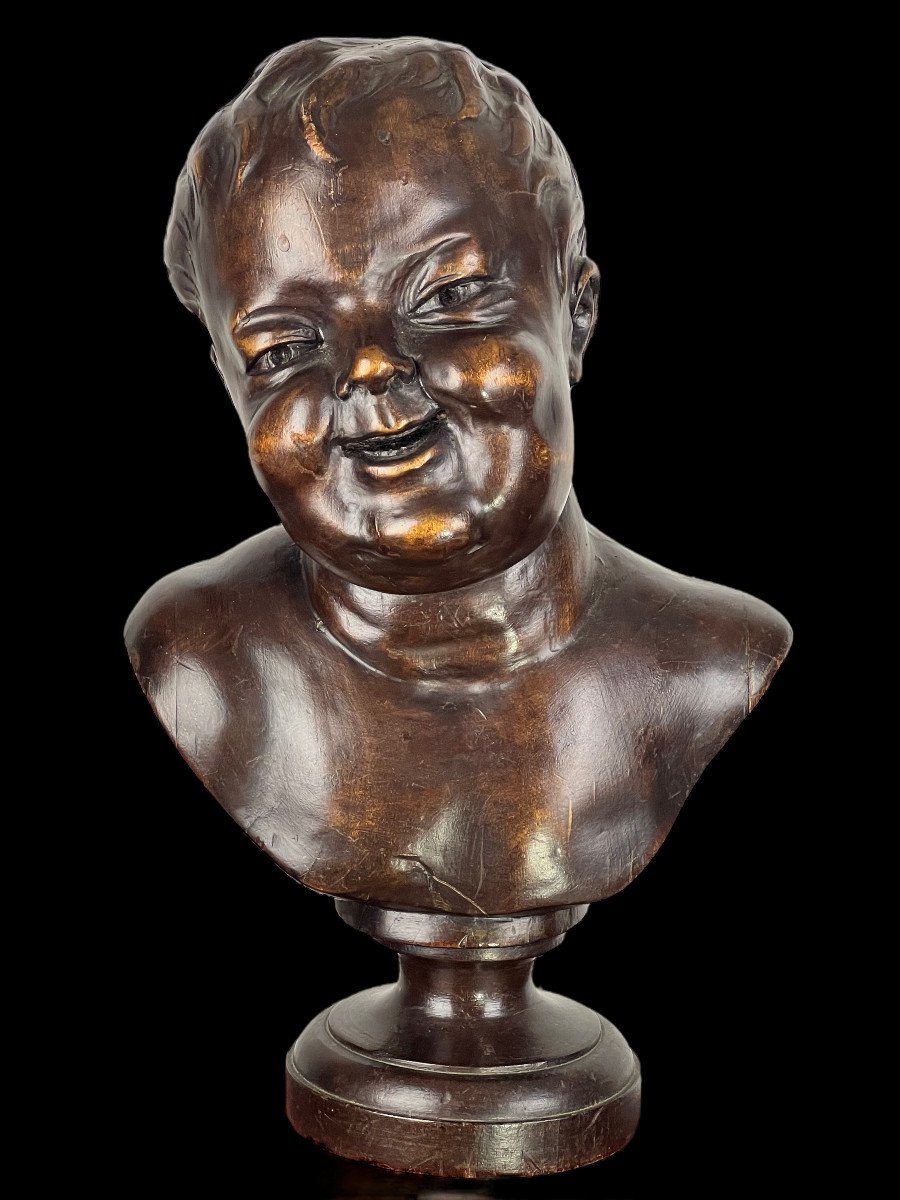 Sculpture / Bust Of Putti (laughing Angel) In Carved Wood From The 19th Century 40 Cm High-photo-7