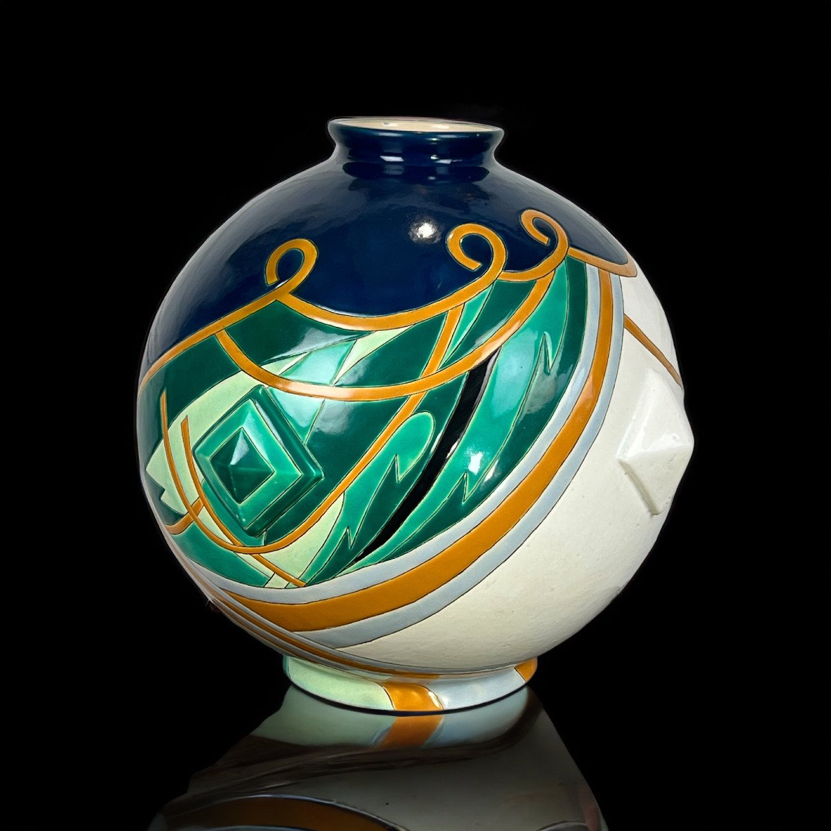 Grand Vase Globulaire En Faïence De Longwy " Modèle Trianon " Style Art Déco-photo-8