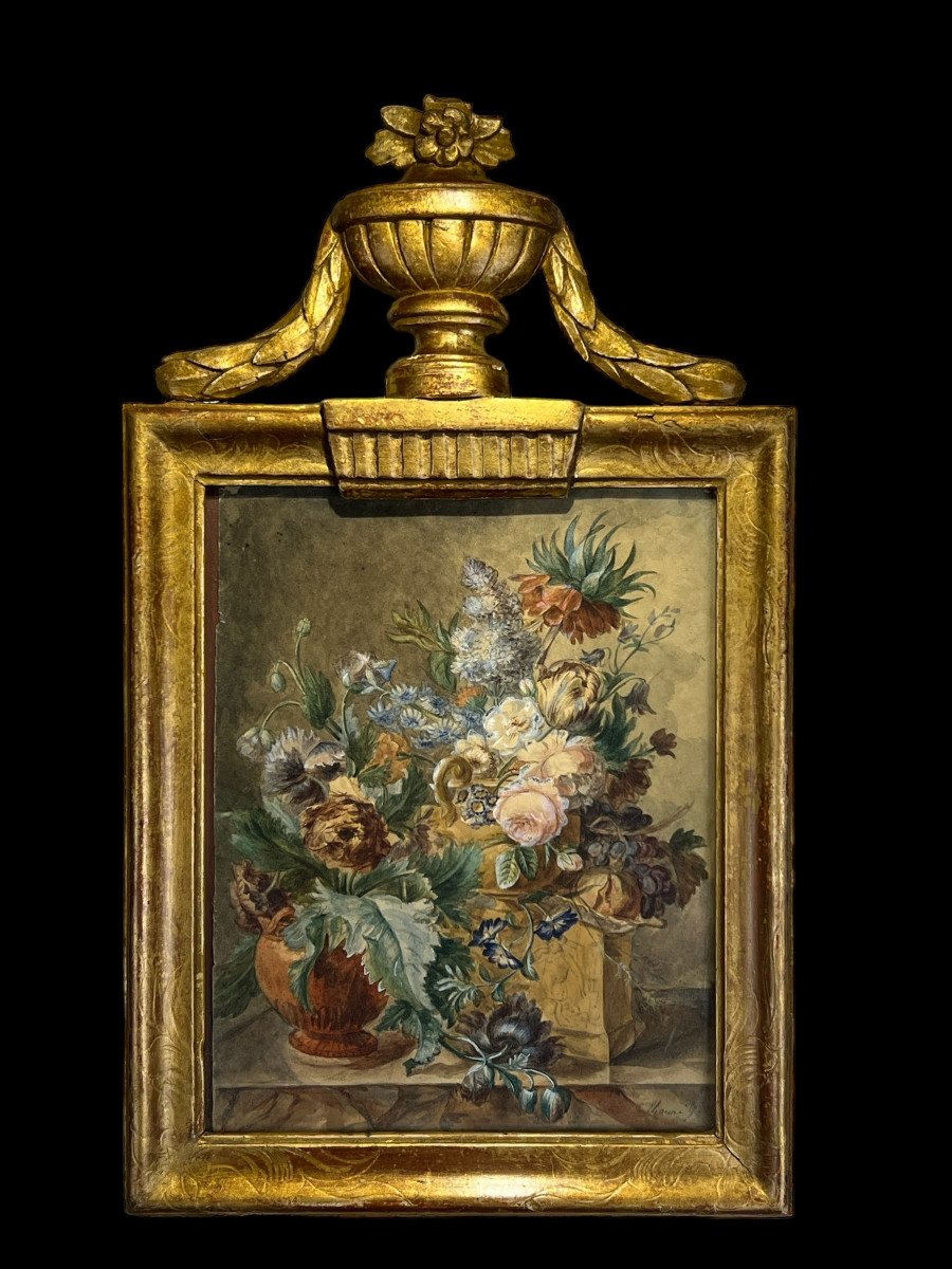 18th Century Frame In Carved And Gilded Wood And 18th Century Watercolor With Floral Decor Signed-photo-2