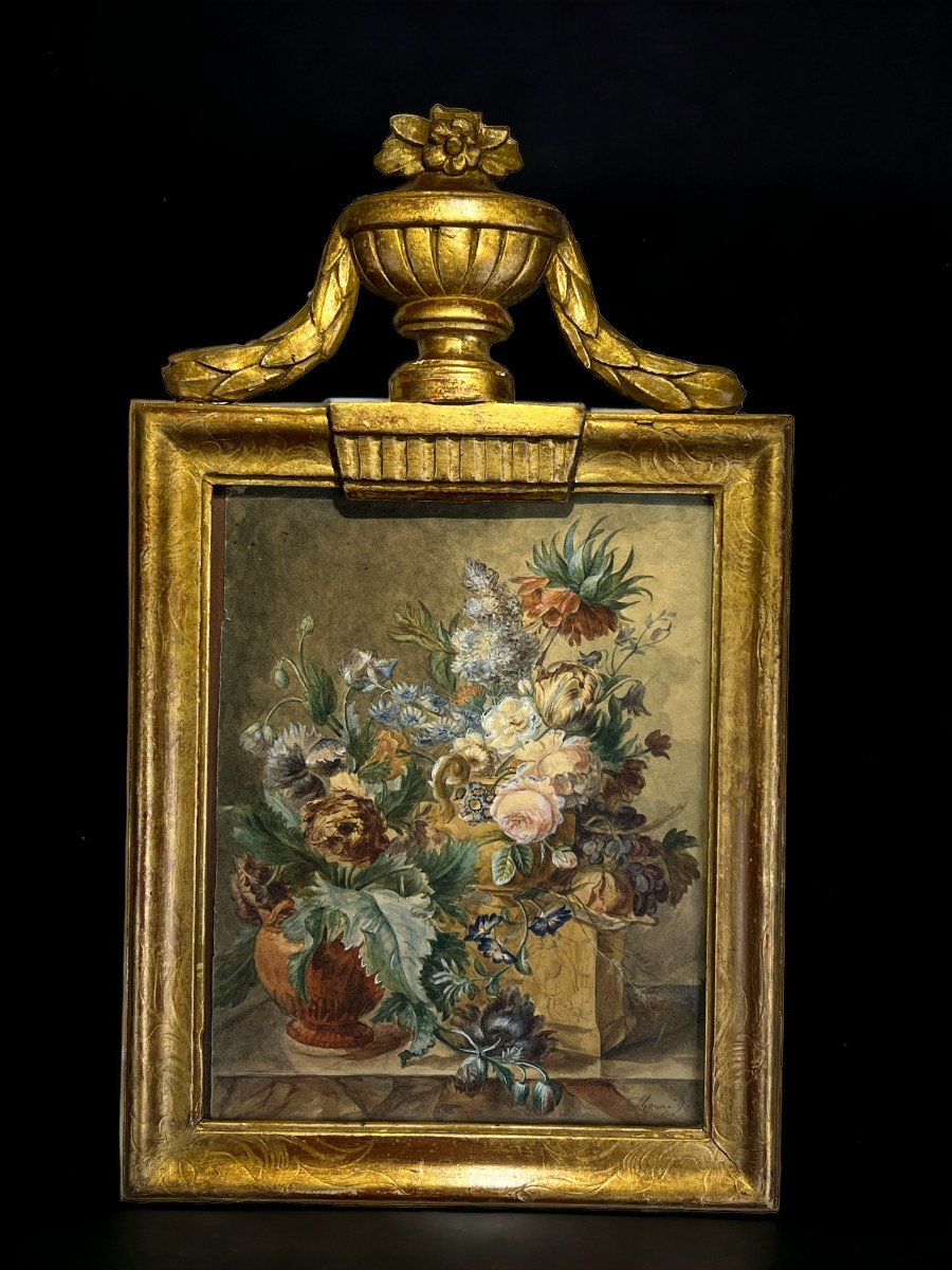 18th Century Frame In Carved And Gilded Wood And 18th Century Watercolor With Floral Decor Signed-photo-3